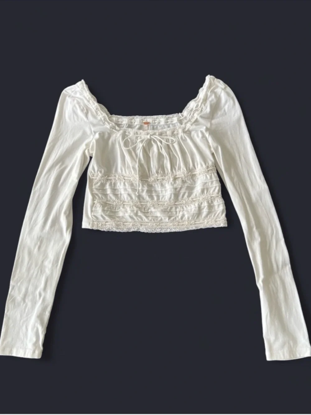Free People Lace Trim Long Sleeve Crop Top White Square Neck Boho Size Small